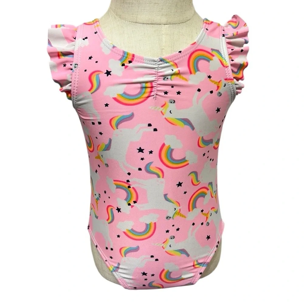 Cat and Jack Pink Unicorn Rainbow Ruffled One Piece Swimsuit Infants 9 Months